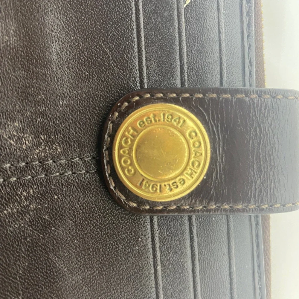 Coach Womens Brown Signature Canvas‎ Monogram Legacy Stripe Tri-Fold Wallet Snap